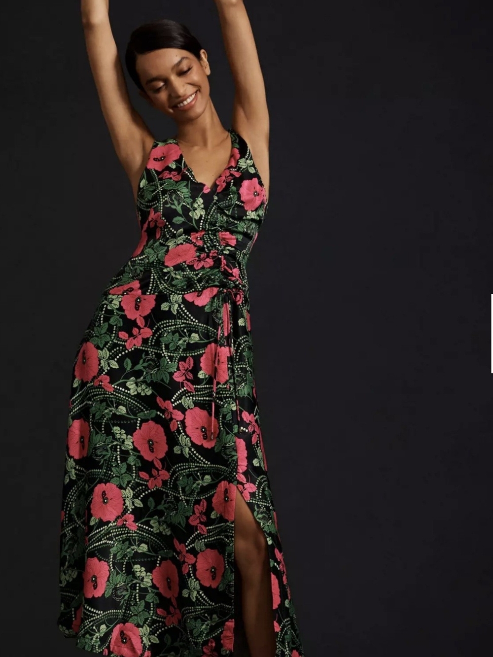Maeve Black Midi Wrap Dress with Pink Floral Print